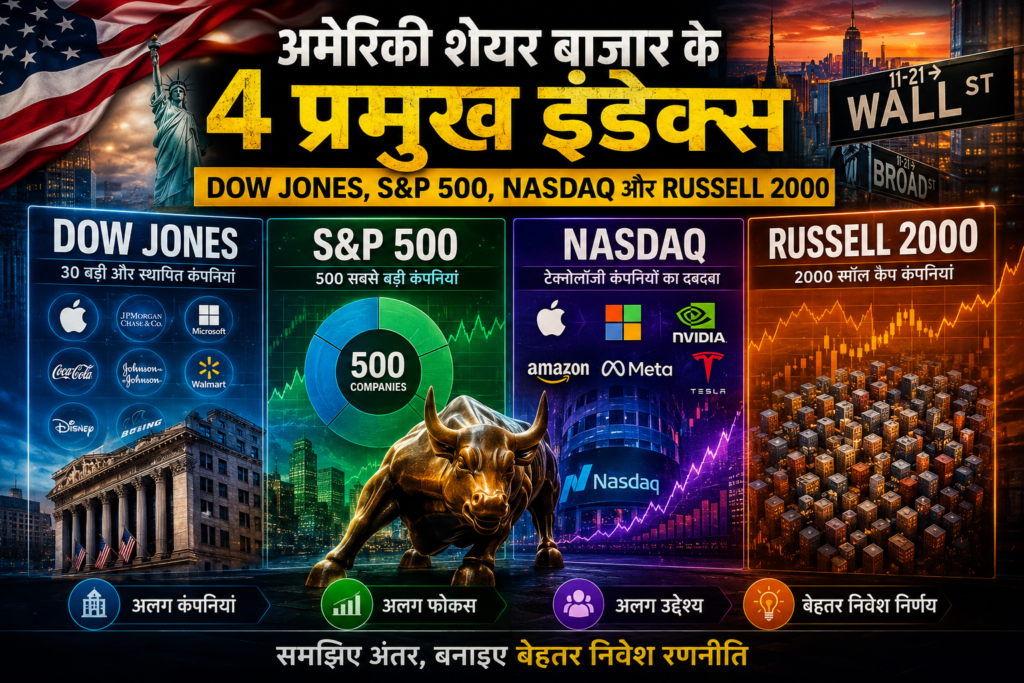 Difference Between Dow Jones S&P 500 NASDAQ and Russell 2000 in Hindi