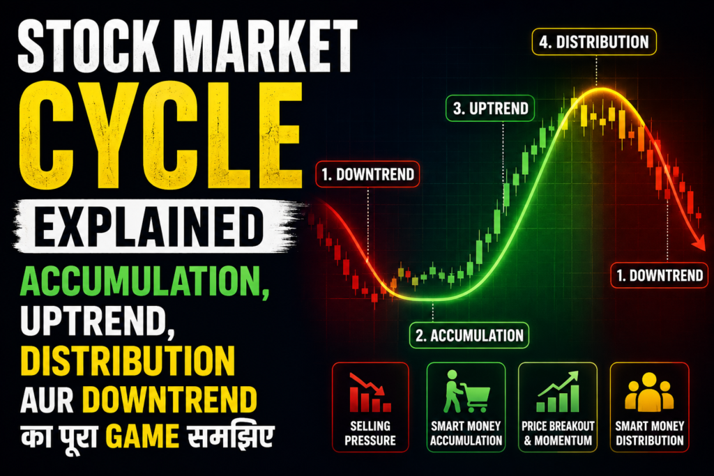 Stock Market Cycle Explained | Accumulation Uptrend Distribution Downtrend in Hindi