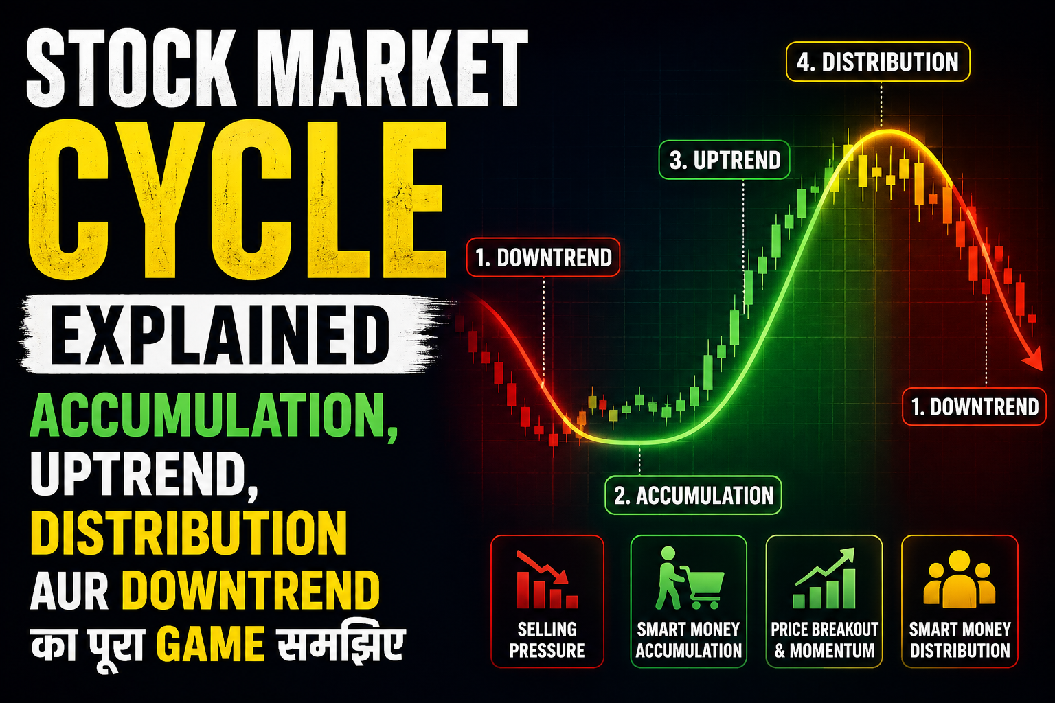 Stock Market Cycle Explained | Accumulation Uptrend Distribution Downtrend in Hindi